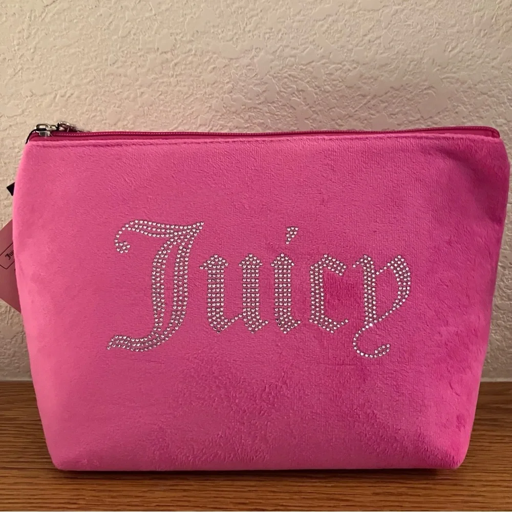 JUICY COUTURE Rhinestone Logo Pink Velour Makeup Pouch Travel Bag NEW NWT
